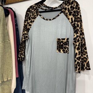 Leopard Sleeve Light Blue Women's Blouse